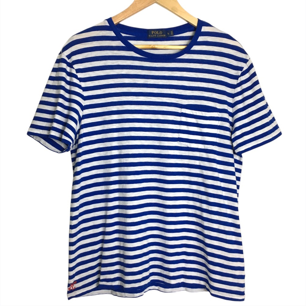 Polo Ralph Lauren Striped Pocket Tee Tshirt Short Sleeve Large White Blue